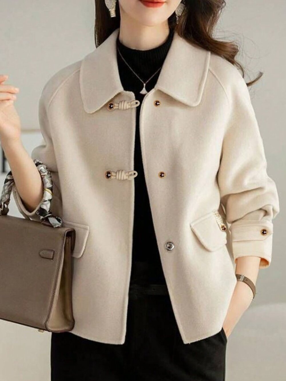 Khaki Casual Women's French Thick Tweed Jacket